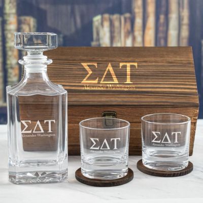 Custom Engraved Sigma Delta Tau - Personalized Whiskey Decanter Set In Wood Gift Box