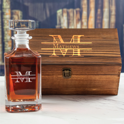 Custom Engraved Money Font Style - Personalized Whiskey Decanter In Wood Gift Box