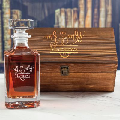 Custom Engraved Fancy Mr & Mrs with Heart - Personalized Whiskey Decanter In Wood Gift Box