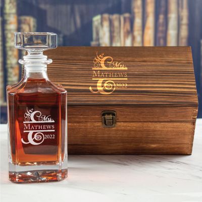 Custom Engraved Mr & Mrs Vertical Style  - Personalized Whiskey Decanter In Wood Gift Box