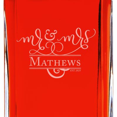Custom Engraved Fancy Scroll Mr & Mrs - Personalized Whiskey Decanter Set In Wood Gift Box
