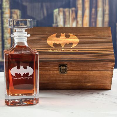 Custom Engraved Batman - Superhero Theme - Personalized Whiskey Decanter In Wood Gift Box