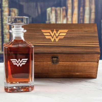 Custom Engraved Wonder Woman Logo - Personalized Whiskey Decanter In Wood Gift Box