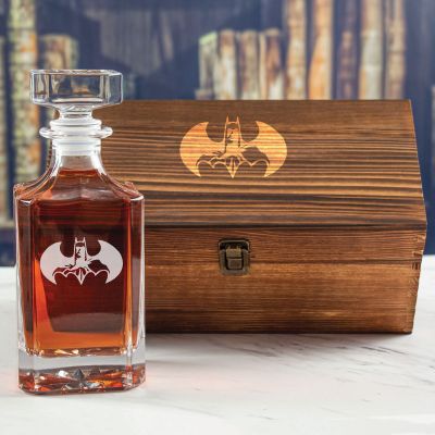Custom Engraved Batman and Silhouette - Personalized Whiskey Decanter In Wood Gift Box