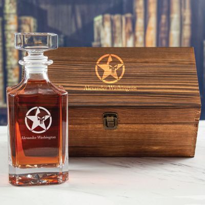 Custom Engraved Punisher Star Badge - Personalized Whiskey Decanter In Wood Gift Box