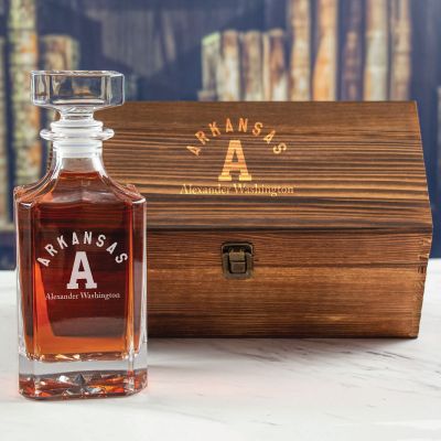 Custom Engraved Arkansas Razorbacks Football - Personalized Whiskey Decanter In Wood Gift Box