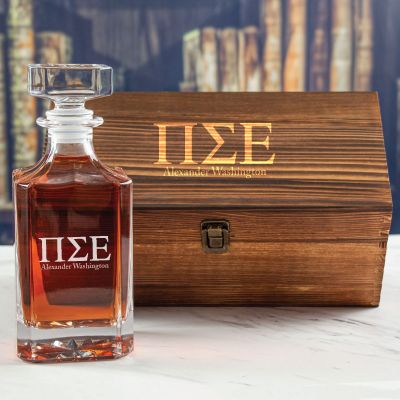 Custom Engraved Pi Sigma Epsilon - Personalized Whiskey Decanter In Wood Gift Box