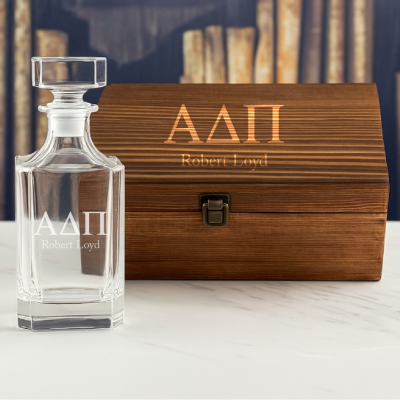 Custom Engraved Alpha Delta Pi - Personalized Whiskey Decanter In Wood Gift Box