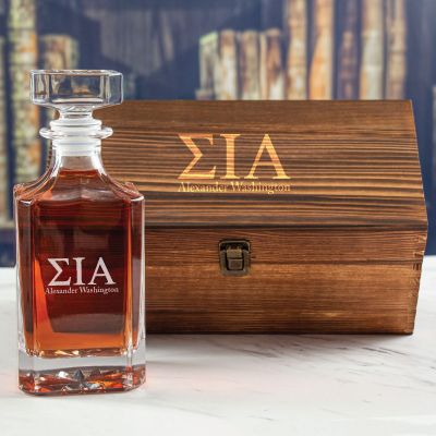 Custom Engraved Sigma Iota Alpha - Personalized Whiskey Decanter In Wood Gift Box