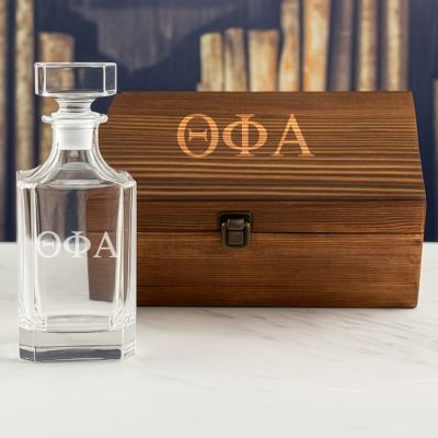 Custom Engraved Theta Phi Alpha - Personalized Whiskey Decanter In Wood Gift Box