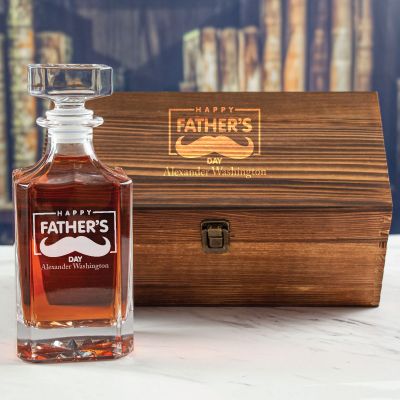Custom Engraved Frame Happy Fathers Day Mustache - Personalized Whiskey Decanter In Wood Gift Box
