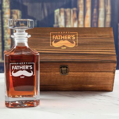 Custom Engraved Frame Happy Fathers Day Mustache - Personalized Whiskey Decanter In Wood Gift Box