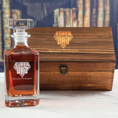 Custom Engraved Super Dad - Personalized Whiskey Decanter In Wood Gift Box