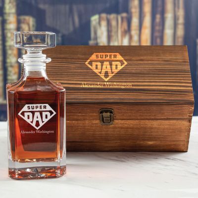 Custom Engraved Super Dad Emblem - Personalized Whiskey Decanter In Wood Gift Box