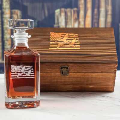 Custom Engraved Goose with USA Flag - Personalized Whiskey Decanter In Wood Gift Box