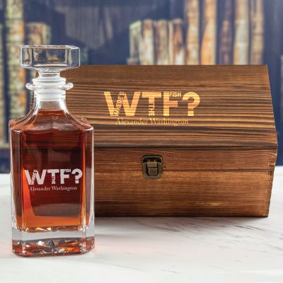 Custom Engraved WTF Where's The Fish - Personalized Whiskey Decanter In Wood Gift Box