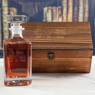 Custom Engraved Peace Love Camping - Personalized Whiskey Decanter In Wood Gift Box