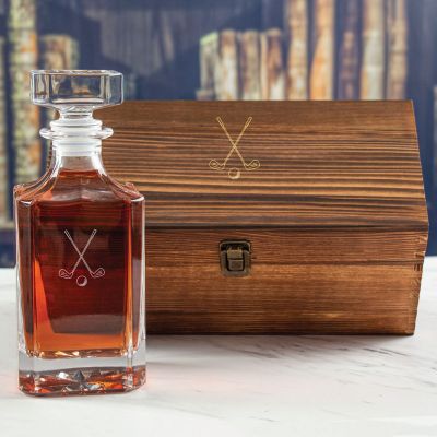 Custom Engraved Golf Clubs and Ball - Personalized Whiskey Decanter In Wood Gift Box