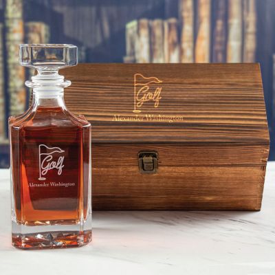 Custom Engraved Golf Flag - Personalized Whiskey Decanter In Wood Gift Box