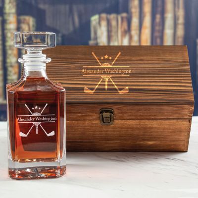 Custom Engraved Golf Split Star Design - Personalized Whiskey Decanter In Wood Gift Box