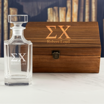 Custom Engraved Sigma Chi - Personalized Whiskey Decanter In Wood Gift Box
