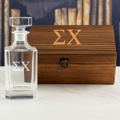 Custom Engraved Sigma Chi - Personalized Whiskey Decanter In Wood Gift Box
