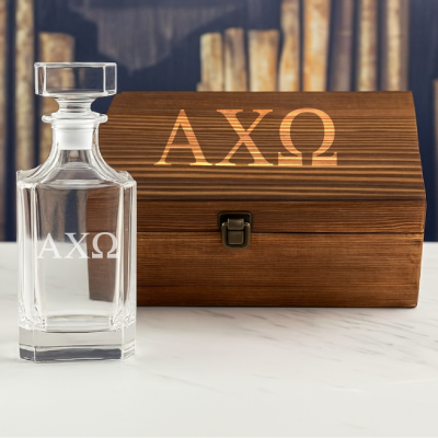 Custom Engraved Alpha Chi Omega - Personalized Whiskey Decanter In Wood Gift Box