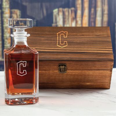 Custom Engraved Cleveland Guardians Cap - Personalized Whiskey Decanter In Wood Gift Box