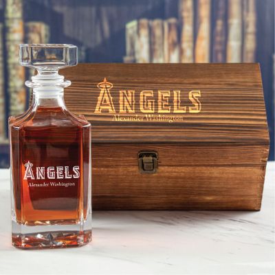Custom Engraved Los Angeles Angels Wordmark - Personalized Whiskey Decanter In Wood Gift Box