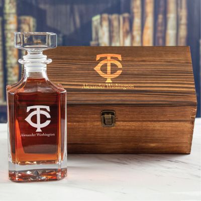 Custom Engraved Minnesota Twins Insignia - Personalized Whiskey Decanter In Wood Gift Box