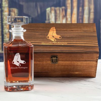 Custom Engraved Red Sox Hanging Socks - Personalized Whiskey Decanter In Wood Gift Box