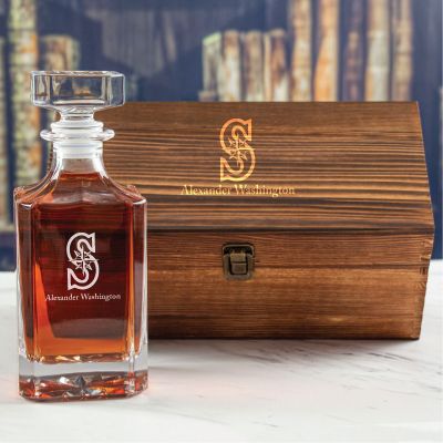 Custom Engraved Seattle Mariners Logo - Personalized Whiskey Decanter In Wood Gift Box