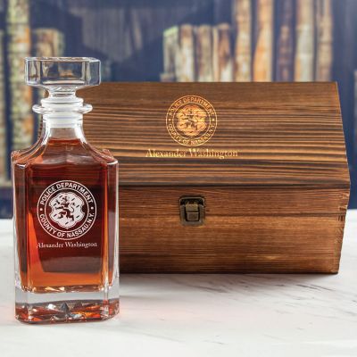Custom Engraved - Police Badges - Personalized Whiskey Decanter In Wood Gift Box - Police Dept County of Nassau NY Patch