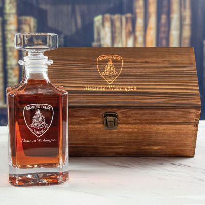 Custom Engraved - Police Badges - Personalized Whiskey Decanter In Wood Gift Box - Stamford CT Police Patch
