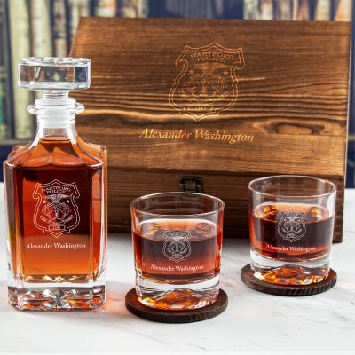 Custom Engraved Police Badges  - Personalized Whiskey Decanter Set In Wood Gift Box - Hartford CT Police Badge