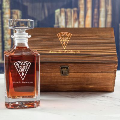 Custom Engraved - Police Badges - Personalized Whiskey Decanter In Wood Gift Box - State Police New Mexico Patch
