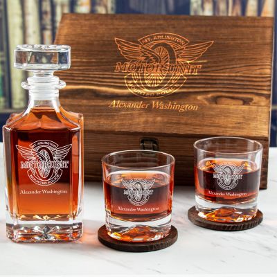 Custom Engraved Police Badges  - Personalized Whiskey Decanter Set In Wood Gift Box - Blank Winged Wheel Motor Unit