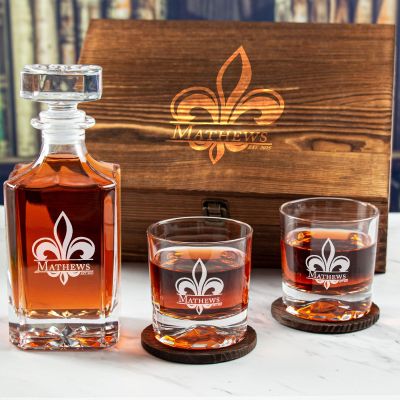 Custom Engraved Fleur-de-lis - Personalized Whiskey Decanter Set In Wood Gift Box