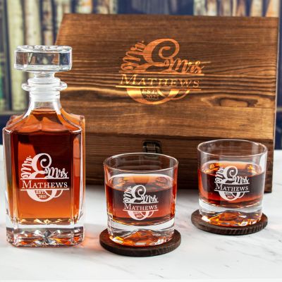 Custom Engraved EST Ampersand - Personalized Whiskey Decanter Set In Wood Gift Box