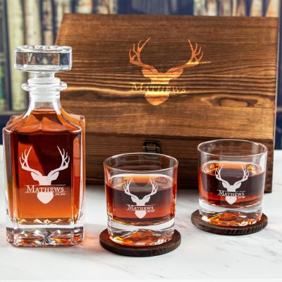 Custom Engraved Deer Head - Personalized Whiskey Decanter Set In Wood Gift Box