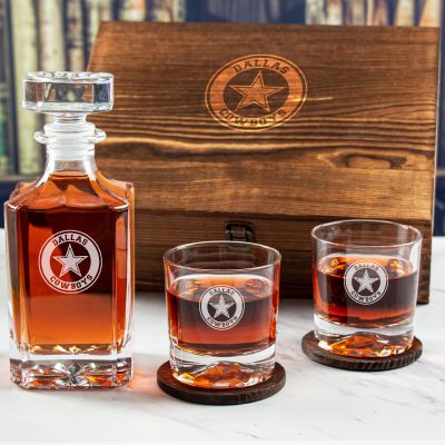 Custom Engraved Dallas Cowboys Circle Logo - Personalized Whiskey Decanter Set In Wood Gift Box