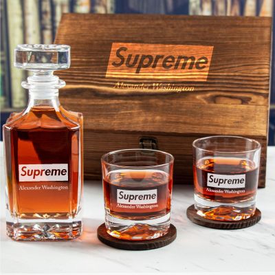 Custom Engraved Supreme - Personalized Whiskey Decanter Set In Wood Gift Box