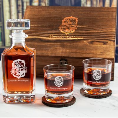 Custom Engraved Hufflepuff - Personalized Whiskey Decanter Set In Wood Gift Box
