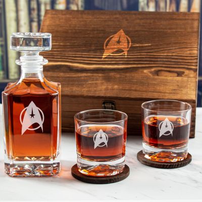 Custom Engraved Star Trek Emblem - Personalized Whiskey Decanter Set In Wood Gift Box