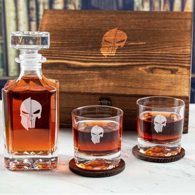 Custom Engraved Spartan Punisher - Personalized Whiskey Decanter Set In Wood Gift Box