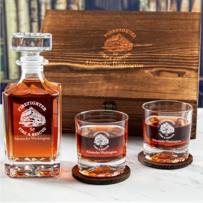 Custom Engraved Fire Fighter - Personalized Whiskey Decanter Set In Wood Gift Box