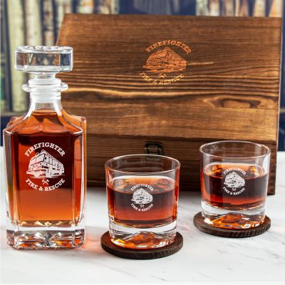 Custom Engraved Fire Fighter - Personalized Whiskey Decanter Set In Wood Gift Box