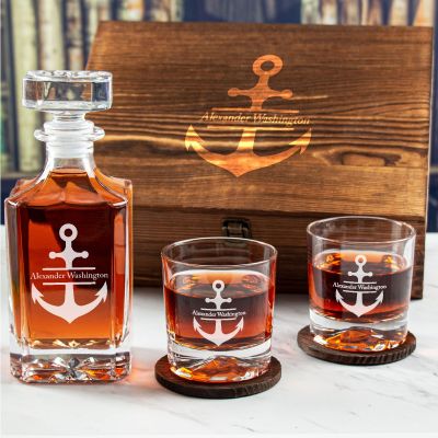 Custom Engraved Split Anchor - Personalized Whiskey Decanter Set In Wood Gift Box