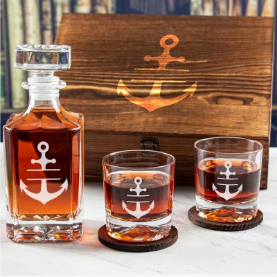 Custom Engraved Split Anchor - Personalized Whiskey Decanter Set In Wood Gift Box