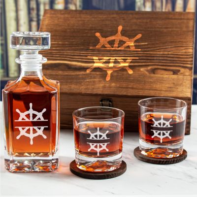 Custom Engraved Sail Wheel - Personalized Whiskey Decanter Set In Wood Gift Box